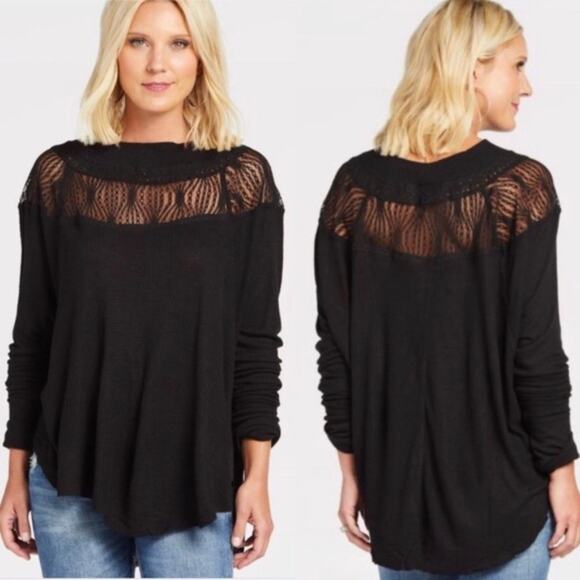 Free People Spring Valley Lace Trim Tunic Top - Black - Small - Picture 1 of 11